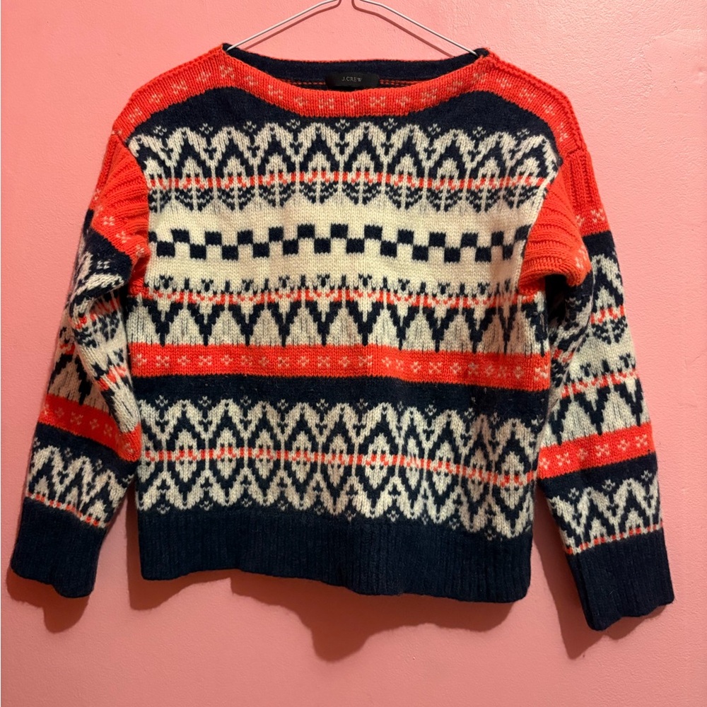 100% Wool J. Crew Women's Patterned Sweater -  Orange and Navy